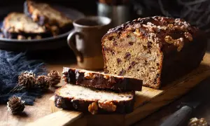 Plumcake noci e cioccolato, con fette tagliate e noci intere sparse. Un'atmosfera rustica e invitante.
