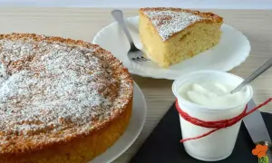 Torta yogurt vasetti soffice e profumata, spolverata di zucchero a velo, con una fetta servita accanto a una coppetta di yogurt.
