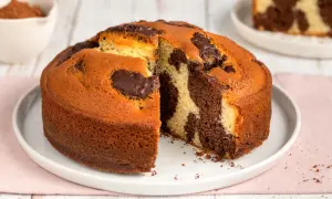 Torta bicolore con un invitante contrasto di cioccolato e vaniglia, appena sfornata e pronta per essere gustata.