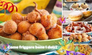 Frittelle dolci dorate e zuccherate, perfette per Carnevale. Diverse varianti di dolci fritti in un collage festoso.