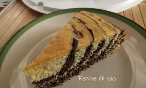 Una fetta di torta zebrata, con strati alternati di impasto chiaro e scuro, su un piatto con bordo verde.
