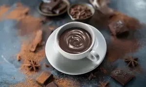 Una tazza cioccolata calda fumante, circondata da cacao in polvere, pezzi di cioccolato fondente e anice stellato.