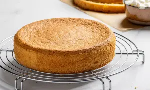Un soffice pan di spagna, la ricetta della nonna, pronto per essere farcito. Sullo sfondo, un altro disco e una ciotola di panna montata.