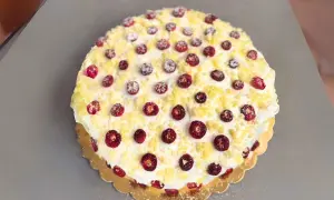 Torta pan di spagna decorata con panna, fragoline di bosco e briciole di pan di spagna. Un dolce invitante e colorato.