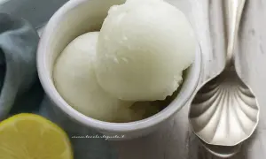 Coppetta con due palline di sorbetto al limone alcolico, accanto una fetta di limone e un cucchiaio decorato.