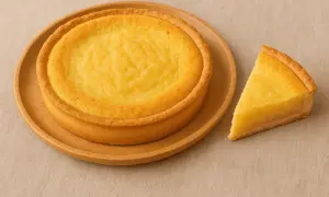 Torta intera e una fetta di torta con crema frangipane dorata su un piatto di legno.
