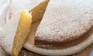 Torta soffice senza uova, cosparsa di zucchero a velo, con una fetta tagliata che ne mostra l'interno dorato.