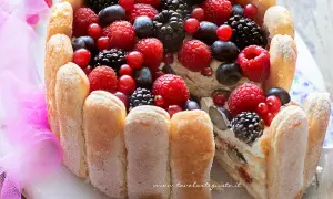 Torta Charlotte ricca di frutti di bosco freschi, con savoiardi croccanti e una crema vellutata. Un dolce estivo perfetto.