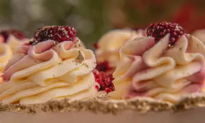 Deliziosi torte gelato e semifreddi decorati con crema rosa e gialla, lamponi e polvere dorata.
