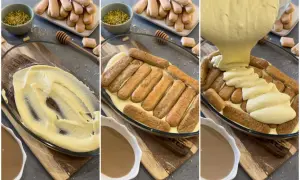 Preparazione di un delizioso tiramisù al pistacchio: crema, savoiardi e caffè si uniscono per un dolce irresistibile.