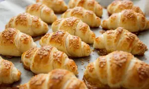Croissant dorati e fragranti, preparati con pasta sfoglia e cosparsi di semi di sesamo, pronti per essere gustati.