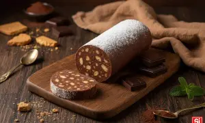 Salame di cioccolato ricetta con cacao, cosparso di zucchero a velo, su tagliere di legno. Biscotti, cioccolato e menta completano la scena.