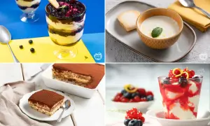Varietà di dolci al cucchiaio: tiramisù, crema con frutti di bosco e dessert stratificati con mirtilli.