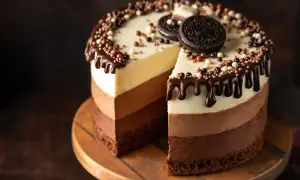 Torta ai tre cioccolati ricetta facile: golosa e scenografica, con strati di mousse al cioccolato bianco, al latte e fondente, decorata con gocce di cioccolato e biscotti.