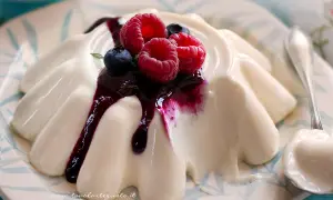 Deliziosa panna cotta con frutti di bosco e salsa ai mirtilli, servita su un piatto decorato.