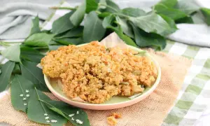 Fiori di sambuco fritti dorati e croccanti su un piatto, con foglie verdi e piccoli fiori di sambuco tutt'intorno.