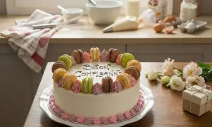 Torta di compleanno bianca decorata con macarons colorati e panna rosa. Sul dolce la scritta "Buon Compleanno".