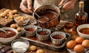 Preparazione del bonet piemontese: cioccolato fuso versato in stampini, biscotti, uova e zucchero.