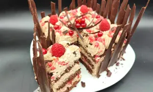 Una golosa torta cioccolato e lamponi, decorata con panna, frutti rossi e scaglie di cioccolato. Una fetta è già stata servita.