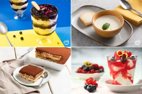 Varietà di dolci al cucchiaio: tiramisù, crema con frutti di bosco e dessert stratificati con mirtilli.
