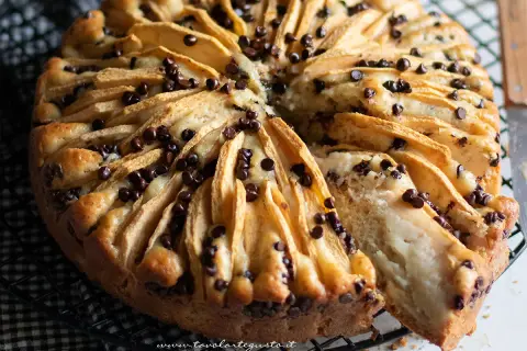 Delizioso dolce mele e cioccolato, con fette di mela disposte a raggiera e gocce di cioccolato fondente che si sciolgono nell'impasto soffice.