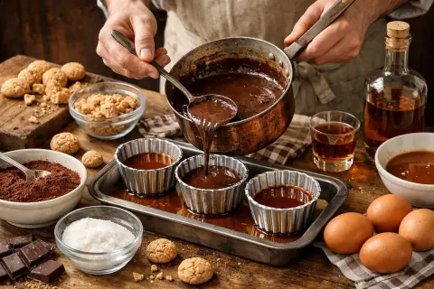 Preparazione del bonet piemontese: cioccolato fuso versato in stampini, biscotti, uova e zucchero.