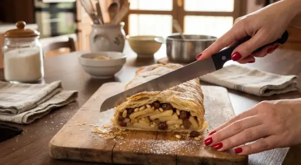 Mani con smalto rosso tagliano uno strudel di mele ripieno di mele, uvetta e pinoli su un tagliere di legno.