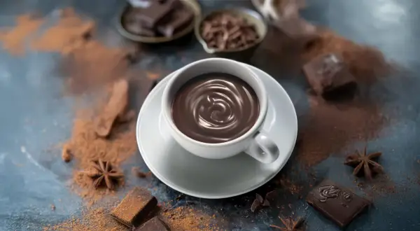 Una tazza cioccolata calda fumante, circondata da cacao in polvere, pezzi di cioccolato fondente e anice stellato.