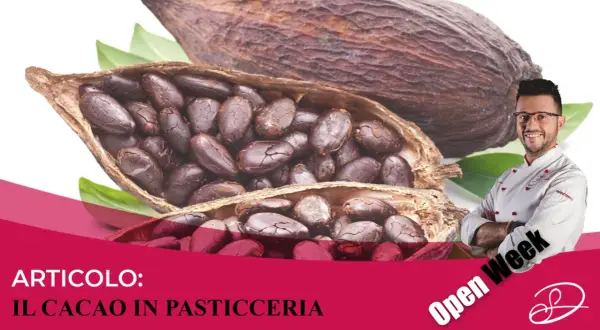 Cacao in pasticceria: chicchi scuri e profumati, pronti per creare dolci con cacao zuccherato. Un pasticcere sorride.
