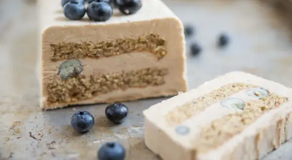 Semifreddo al caffè con 3 ingredienti, decorato con mirtilli freschi. Un dolce goloso e facile da preparare.