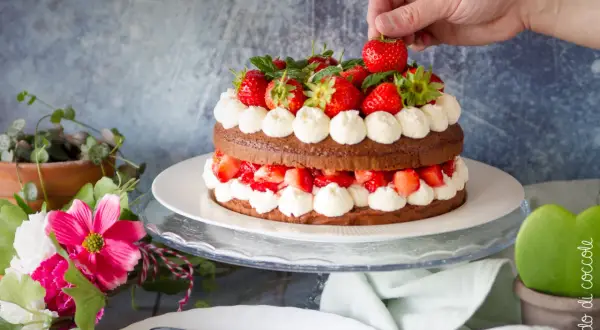 Una deliziosa torta con fragole e cioccolato, decorata con panna montata e fragole fresche. Una mano aggiunge l'ultima fragola in cima.