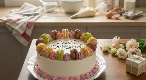Torta di compleanno bianca decorata con macarons colorati e panna rosa. Sul dolce la scritta "Buon Compleanno".