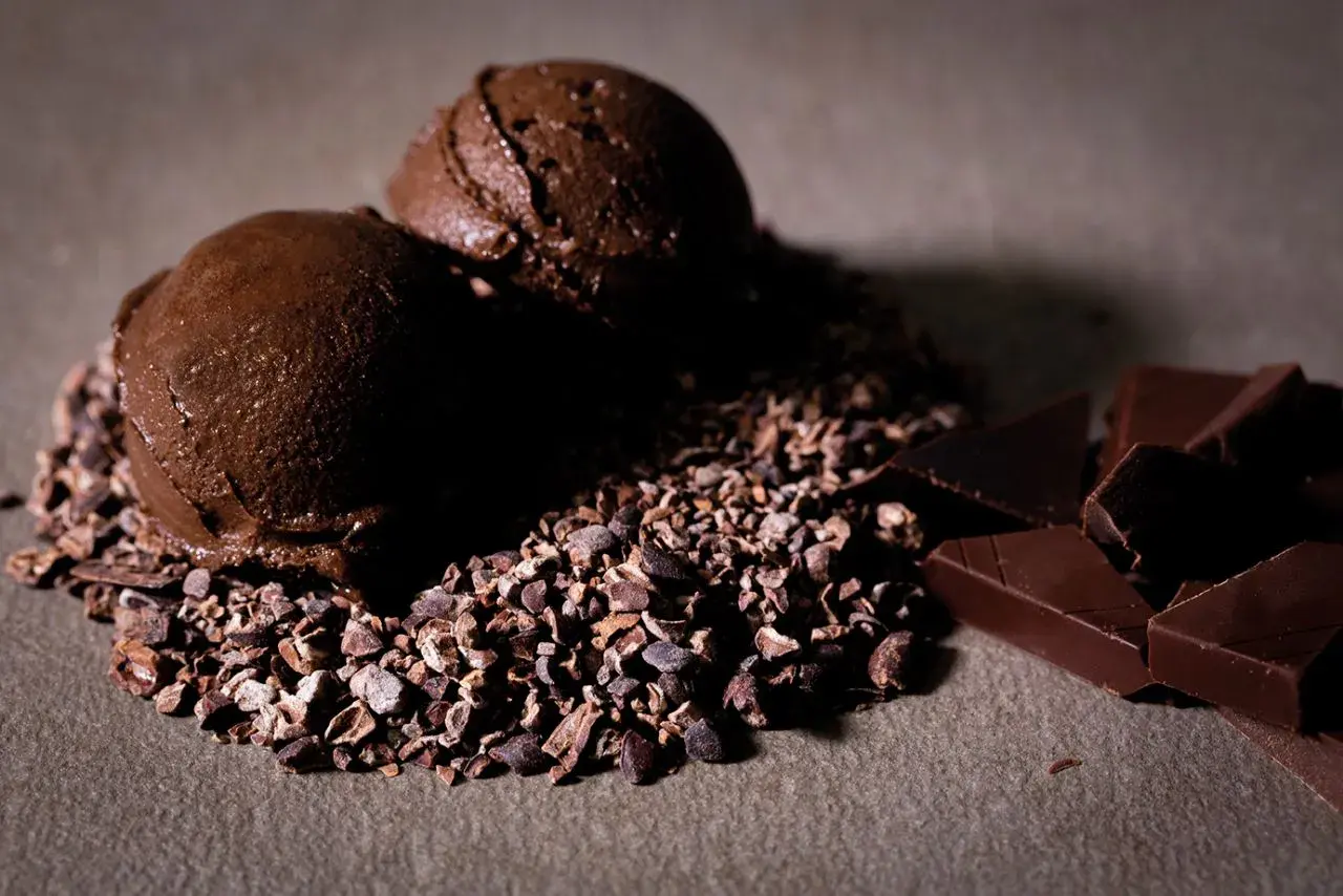 Due palline di cremoso gelato cioccolato su un letto di granella di cacao, con pezzi di cioccolato fondente a lato.