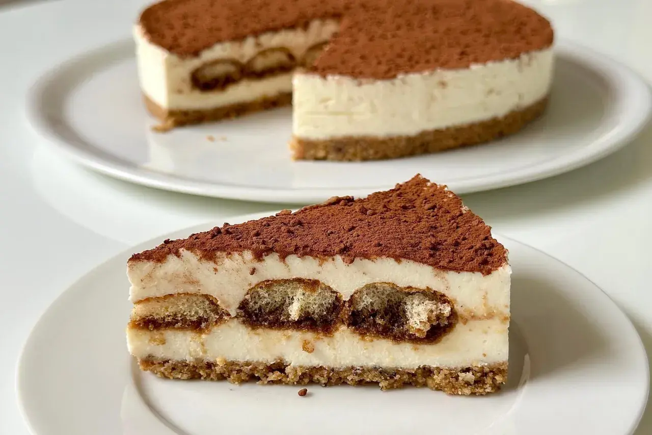 Una fetta di cheesecake tiramisù, con savoiardi inzuppati e cacao in polvere, su un piatto bianco.