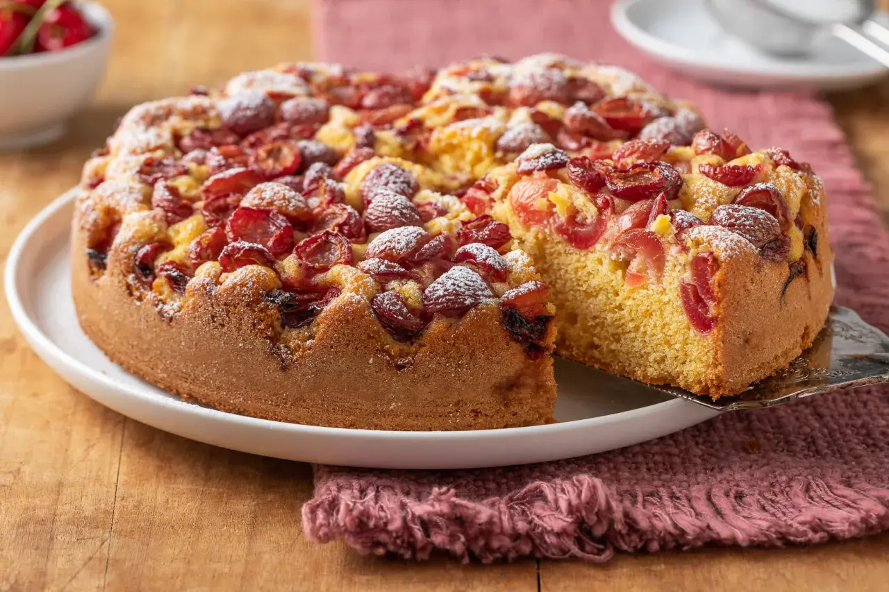 Torta con ciliegie, soffice e profumata, cosparsa di zucchero a velo. Una fetta viene sollevata, mostrando la morbidezza dell'impasto.