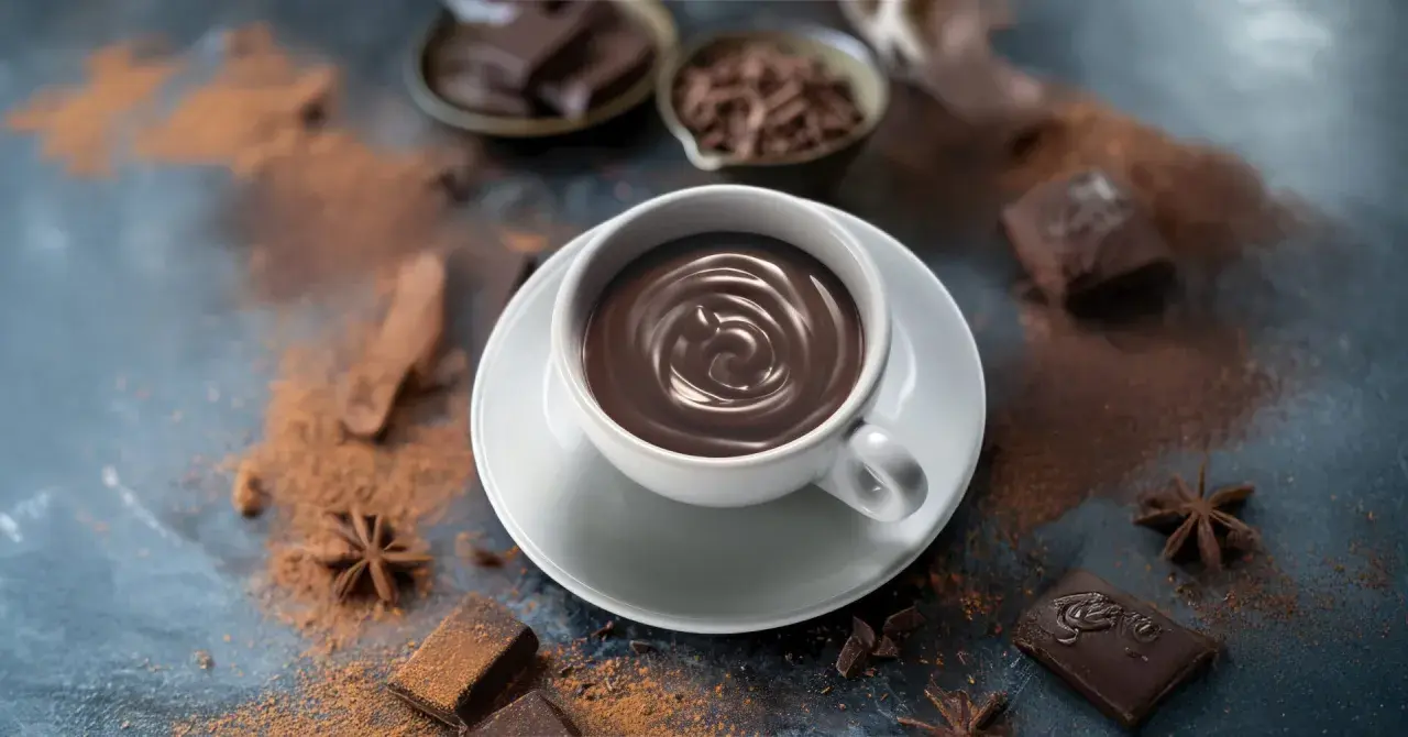 Una tazza cioccolata calda fumante, circondata da cacao in polvere, pezzi di cioccolato fondente e anice stellato.