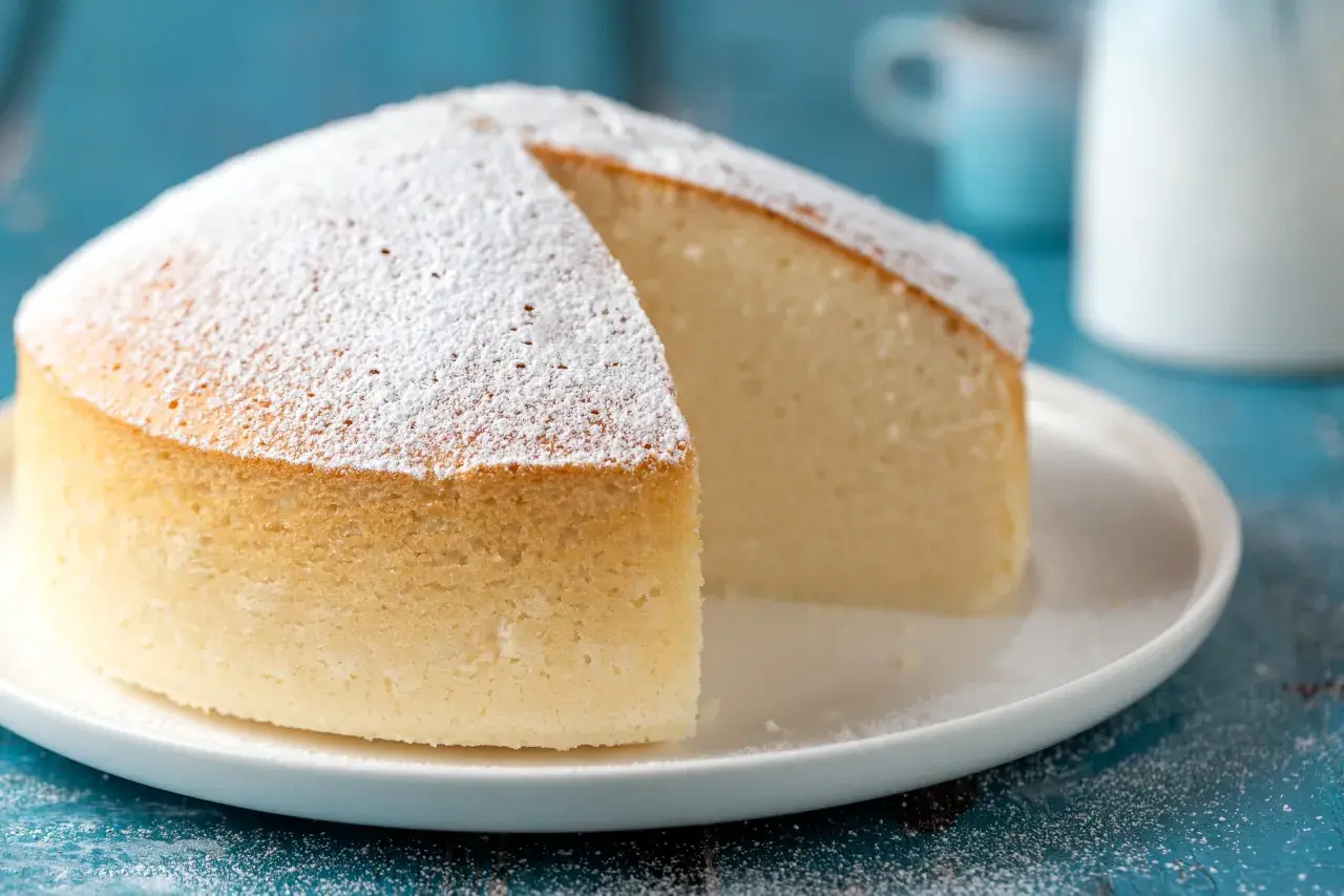 Una soffice torta nuvola, cosparsa di zucchero a velo, attende di essere gustata su un piatto bianco.