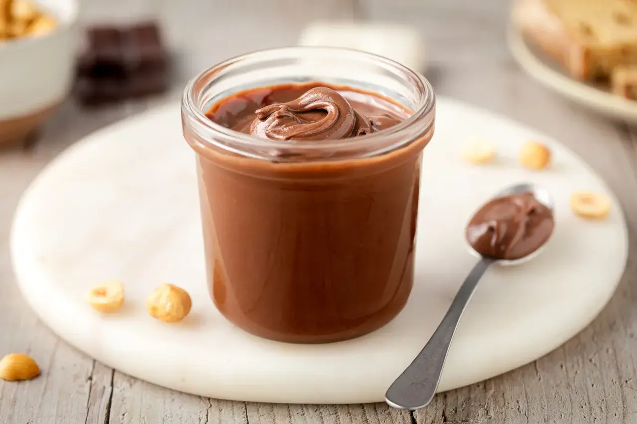Un vasetto pieno di deliziosa nutella fatta in casa, con nocciole e cioccolato a vista.