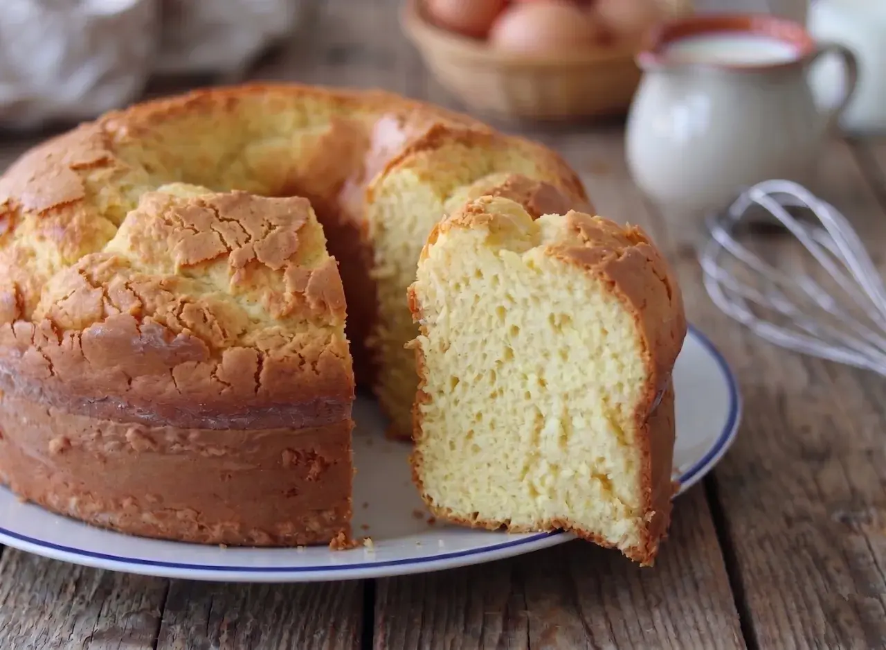 Il ciambellone della nonna, soffice e dorato, pronto per essere gustato. Sullo sfondo, uova e latte, ingredienti essenziali.