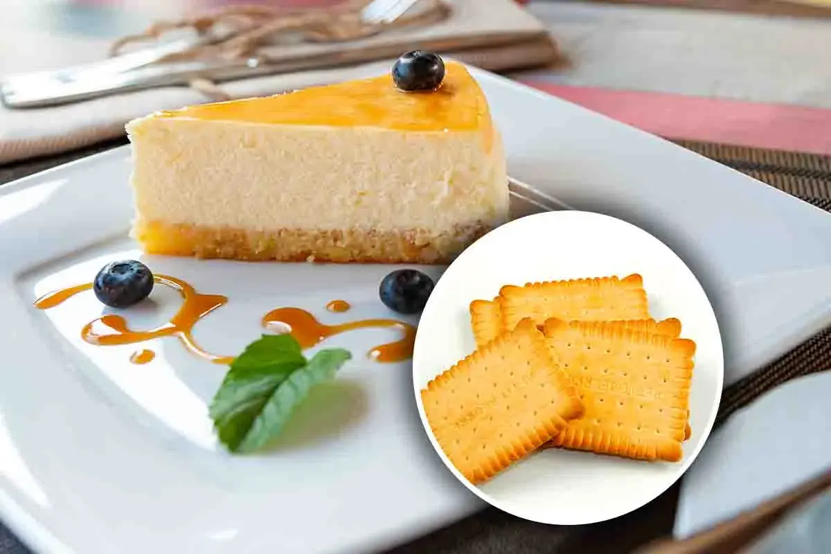 Una fetta di cheesecake con topping giallo, mirtilli e salsa caramello, accompagnata da biscotti secchi. Diversi tipi di cheesecake per ogni gusto.