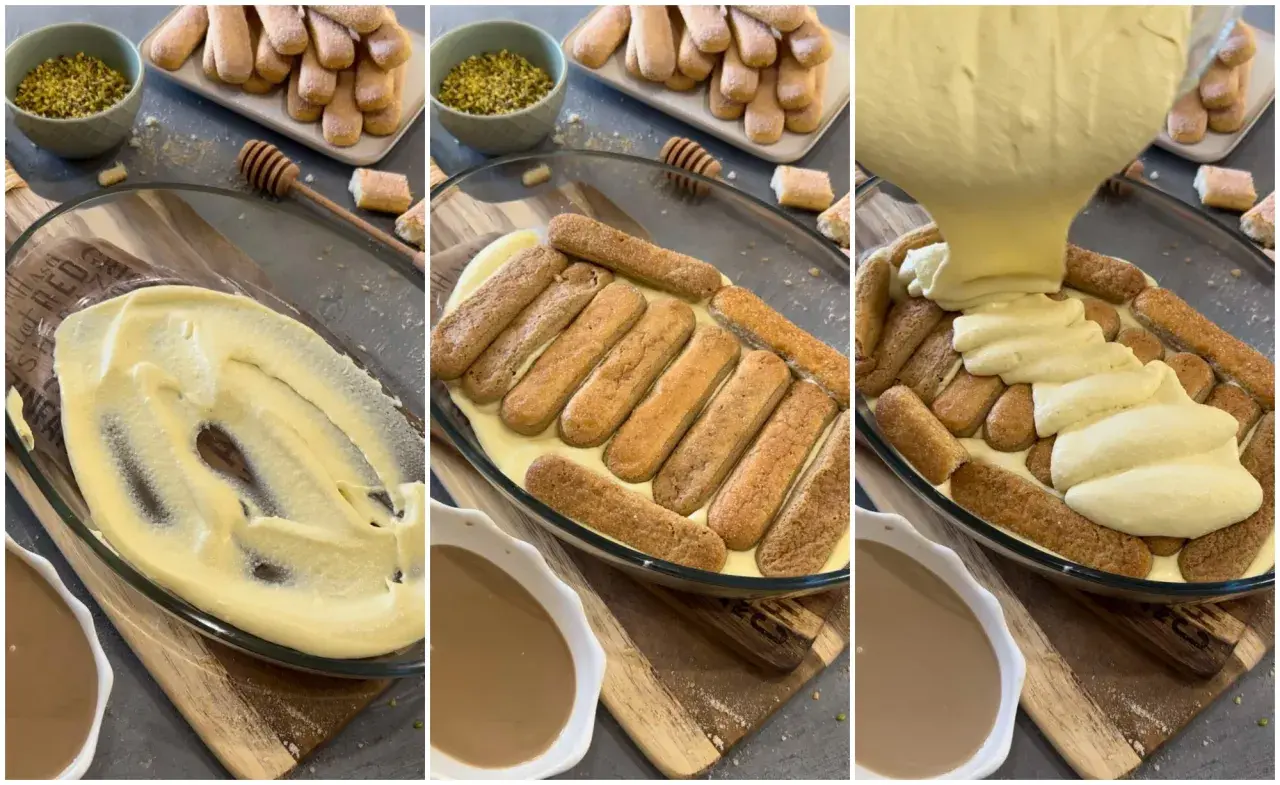 Preparazione di un delizioso tiramisù al pistacchio: crema, savoiardi e caffè si uniscono per un dolce irresistibile.