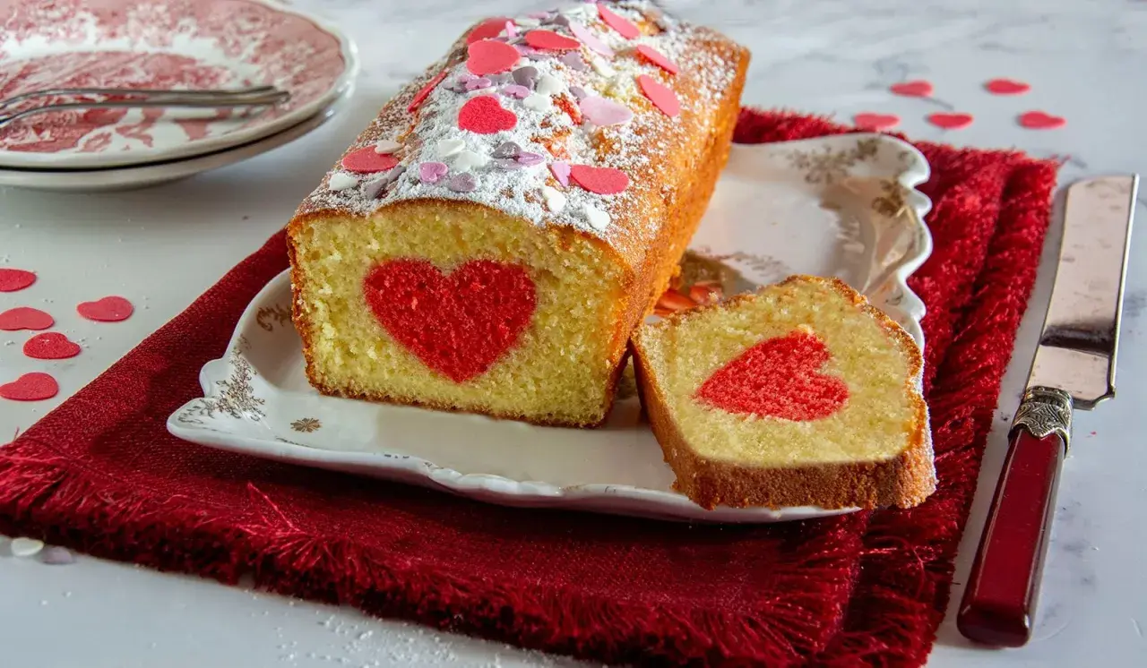 Plumcake farcito con un cuore rosso al centro, decorato con zuccherini a forma di cuore.