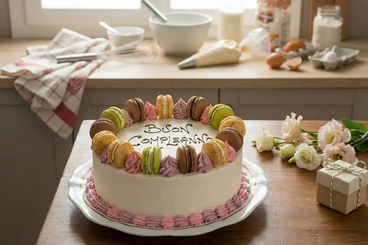 Torta di compleanno bianca decorata con macarons colorati e panna rosa. Sul dolce la scritta "Buon Compleanno".
