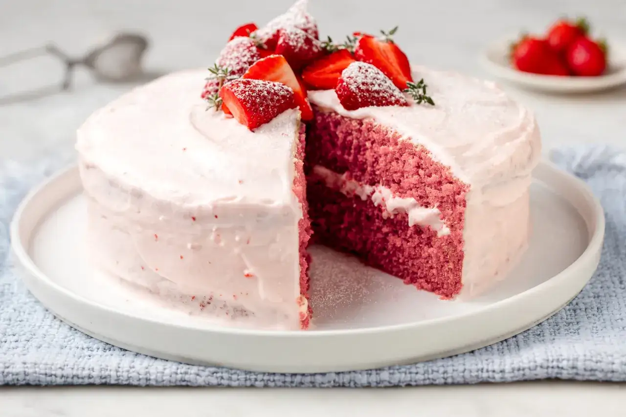 Deliziosa torta rosa con fragole fresche e glassa soffice, una fetta è già stata servita.