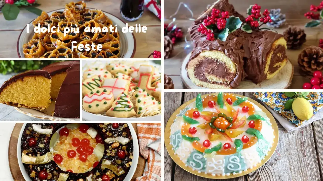 Collage di dolci per le feste: croccanti, torta al cioccolato, biscotti natalizi, tronchetto e torta decorata.