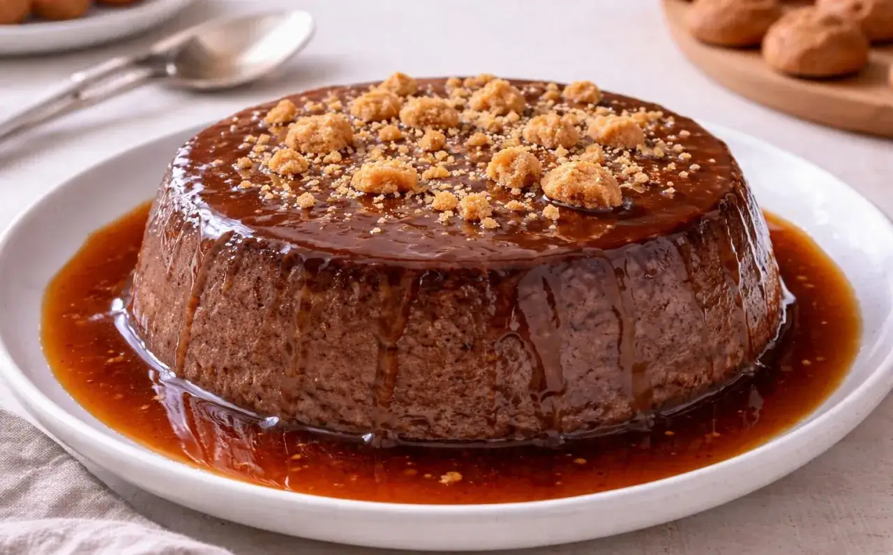 Bonet piemontese al cioccolato con caramello e briciole croccanti, un dolce al cucchiaio irresistibile.