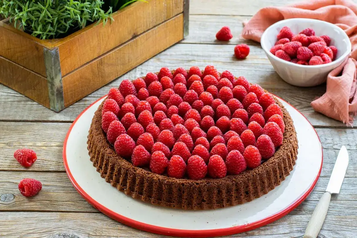 Torta cioccolato e lamponi, un tripudio di gusto con lamponi freschi disposti a regola d'arte su una base di cioccolato.