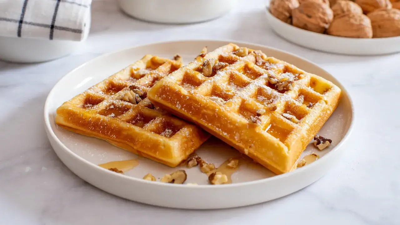 Due waffle dorati con zucchero a velo e noci, pronti per essere gustati. Una deliziosa ricetta waffle per la colazione.