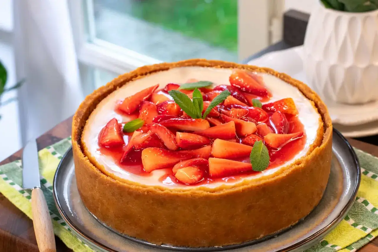 Cheesecake con mascarpone e fragole fresche, guarnita con menta. Una delizia per gli occhi e per il palato.