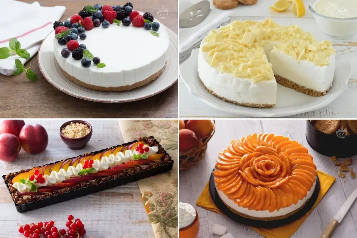 Vari tipi di cheesecake: una ai frutti di bosco, una al cioccolato bianco, una crostata di pesche e una torta di pesche.